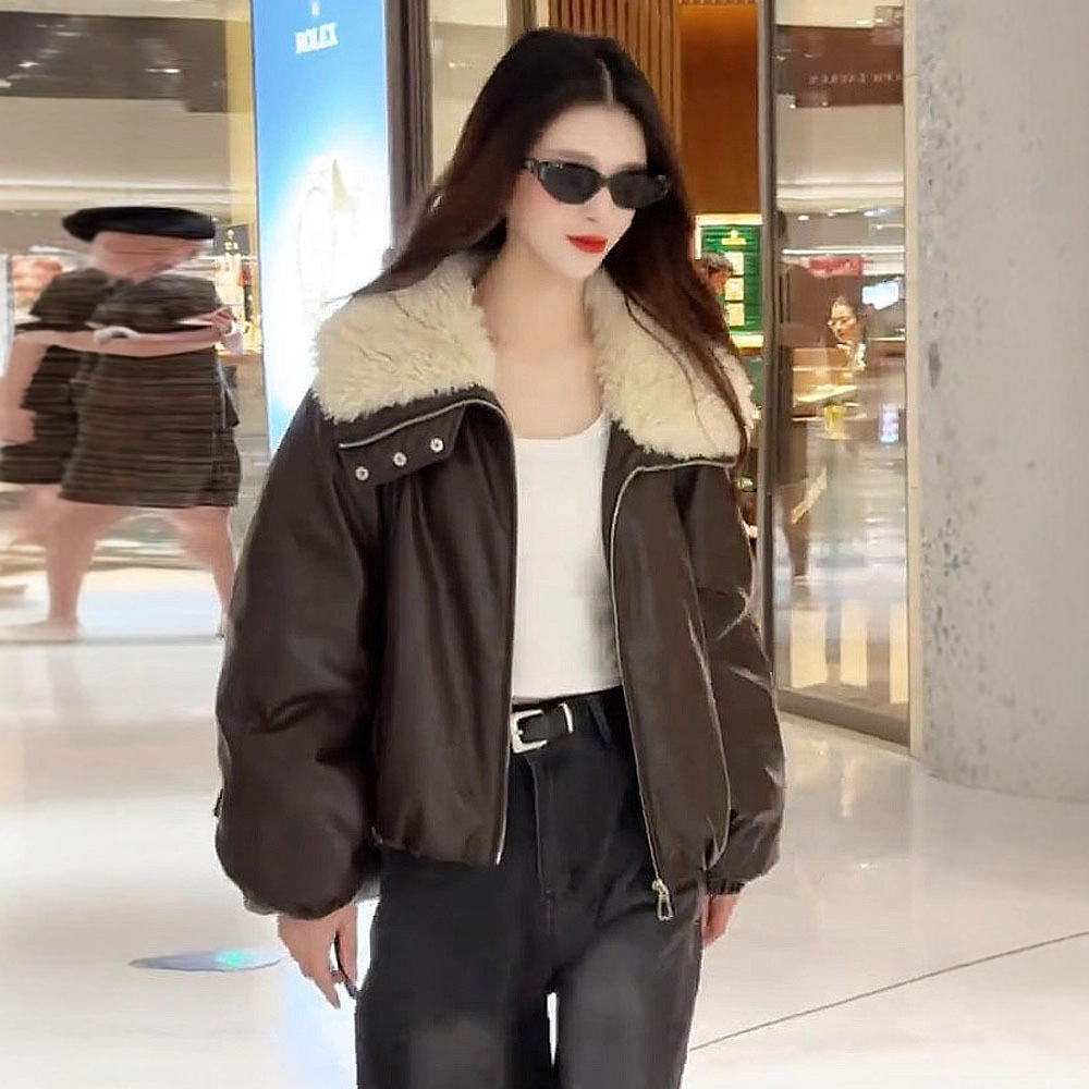 European Style Lapel Cotton Leather Jacket Women's Short 2025 Autumn and Winter New Fashion Retro Loose Motorcycle Jacket Top