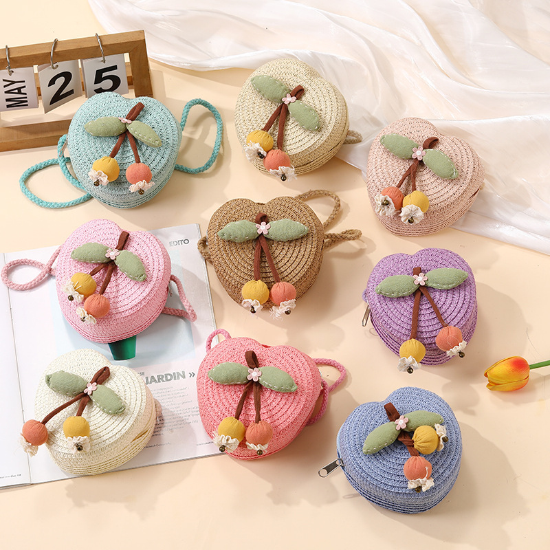 夏の海辺の子供用バッグ、スカート付きのかわいいチェリー織り、休暇用の麦わらバッグ、女の子の携帯電話のクロスボディバッグ|undefined