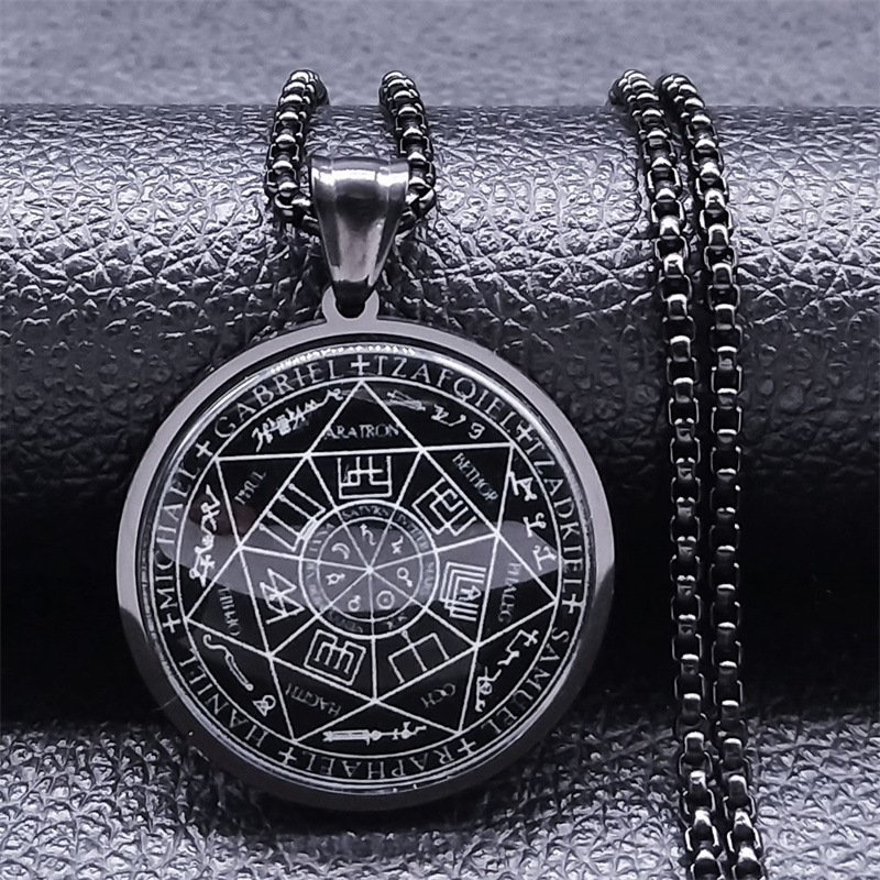 Collana con talismano Salomone in acciaio inossidabile e vetro con medaglia dei sette angeli, sigillo di protezione per gioielli_voghion.com