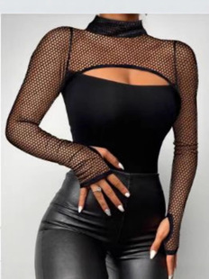 [跨境欧美女装 2025新款性感透视镂空网布拼接露胸紧身半高领上衣]