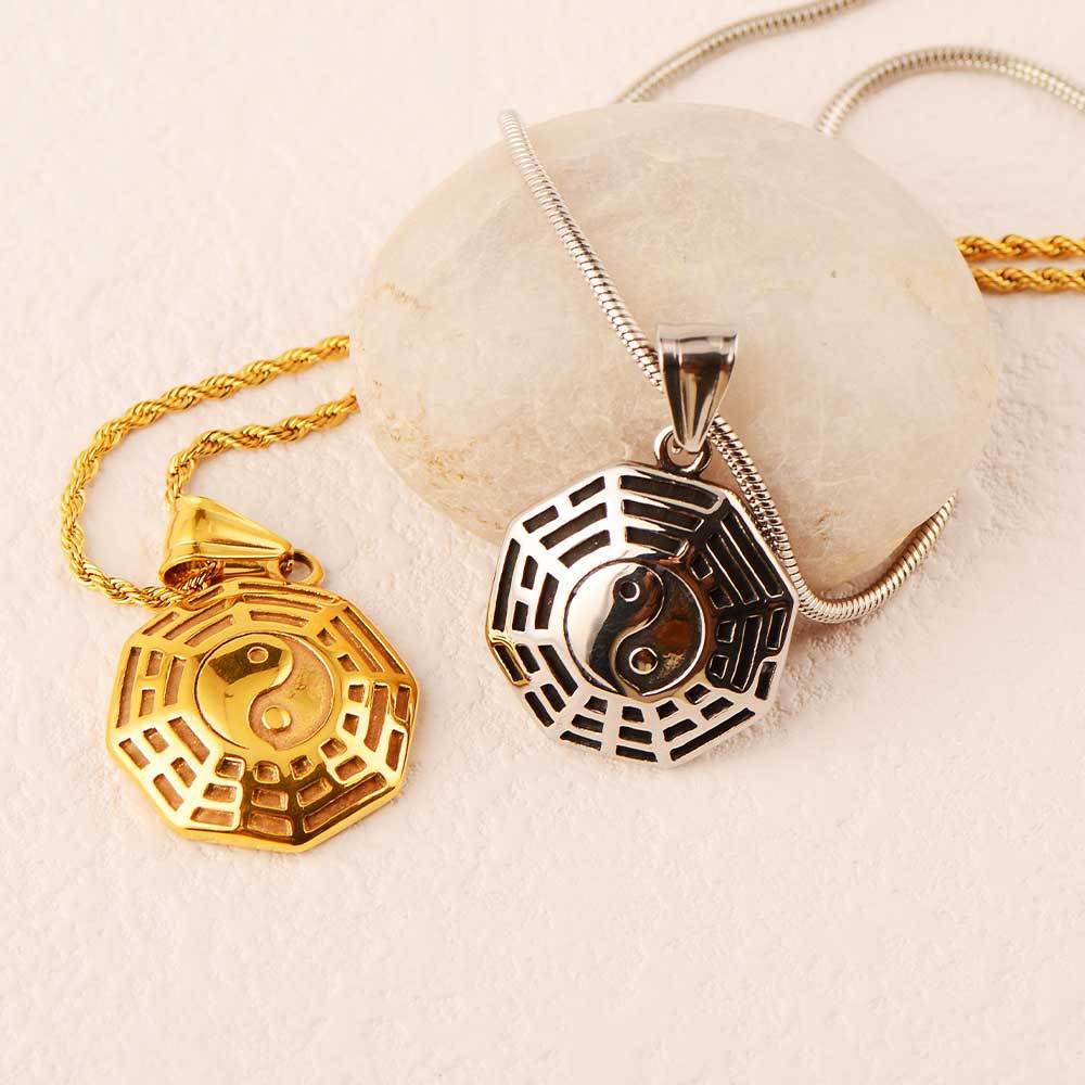 중국 레트로 목걸이 WUXING BAGUA TAIJI COMPASS 펜던트 유니섹스 티타늄 스틸 도금 18K 골드 액세서리