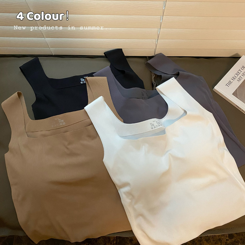 New retro summer ice silk camisole women's sleeveless wide shoulder square collar slim fit inner wear with chest pad bottoming top