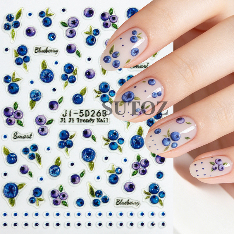 Blueberry-Themed Waterproof Nail Stickers with 5D Three-Dimensional Relief Design, Versatile and Fresh Nail Decorations for Girls