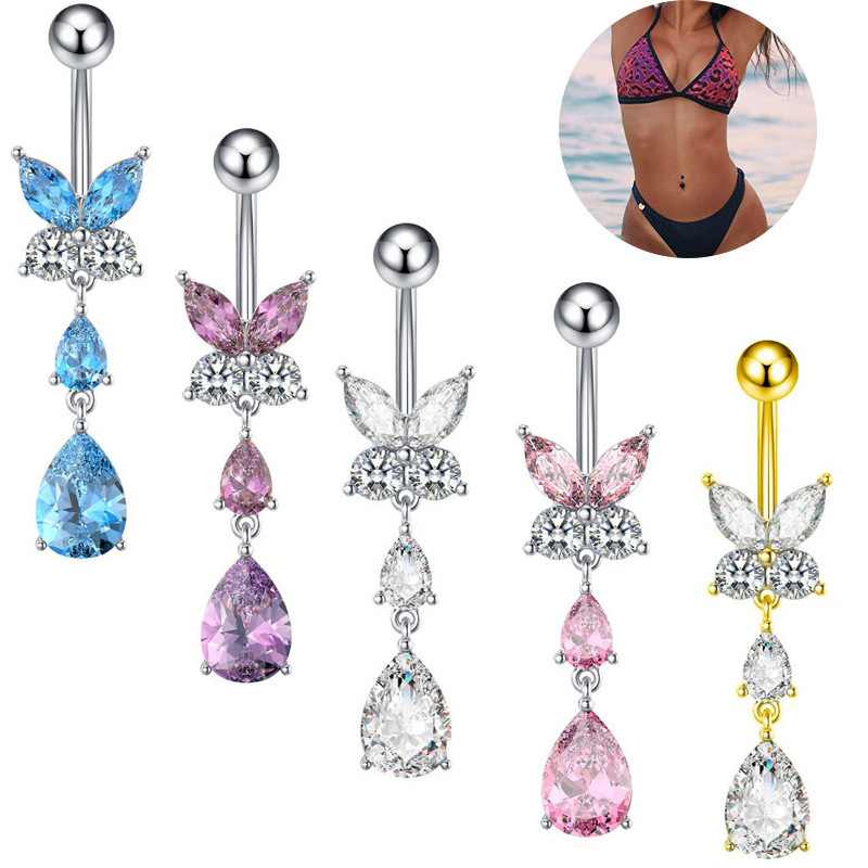 Nuovo anello pendente a forma di goccia d'acqua con farfalla in zircone, chiodo per ombelico in acciaio inossidabile, gioielli transfrontalieri_voghion.com
