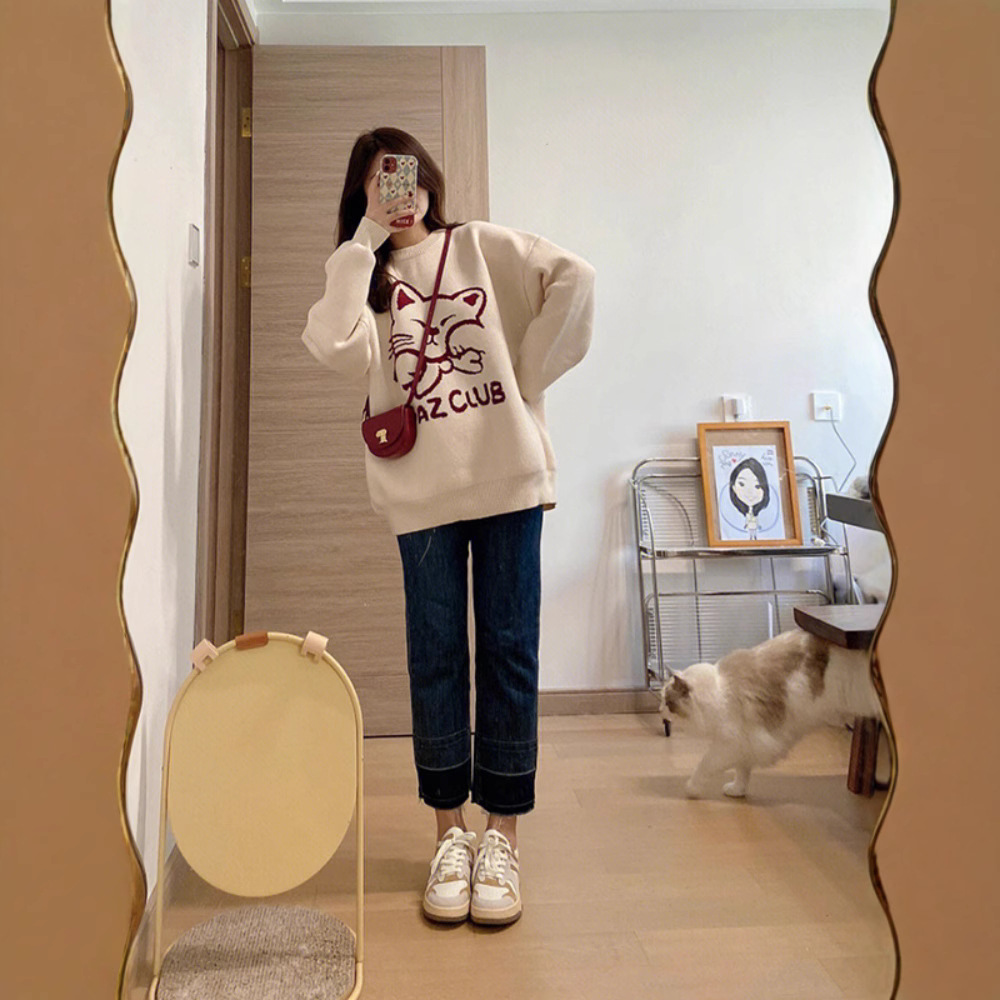 한국 스타일 게으른 스타일 풀오버 스웨터 여성의 가을 및 겨울 느슨한 디자인 젠틀 두꺼운 둥근 목 외신베이스 스웨터