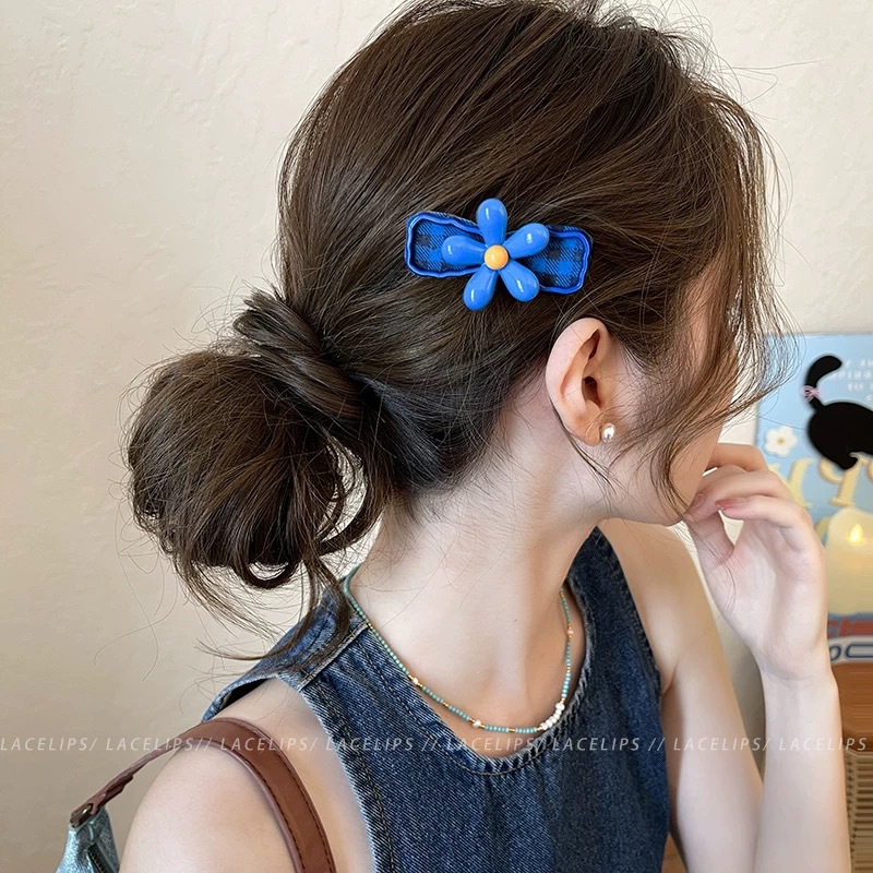 37# yellow and blue contrast color five-petal floral plaid bow hair clip [one pack]