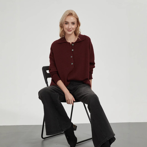 Women's Loose Polo Neck Knit Sweater, Western Style Fashion, Autumn Encore, Red