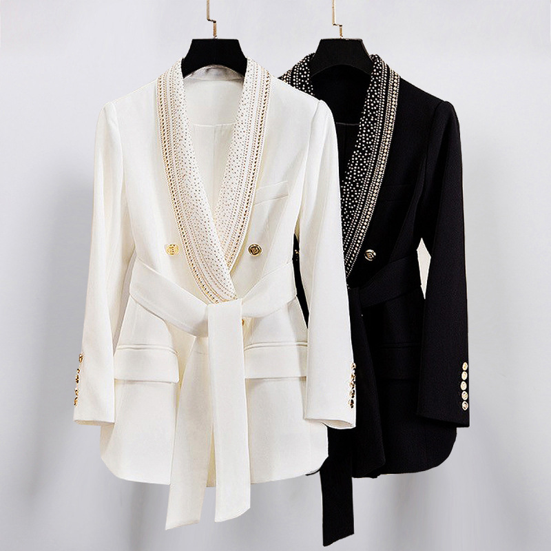 2320 In-Stock Spring and Autumn Fashion New Style Gold-Stamped Belt Notch Lapel Mid-Length Women's Blazer Black and White