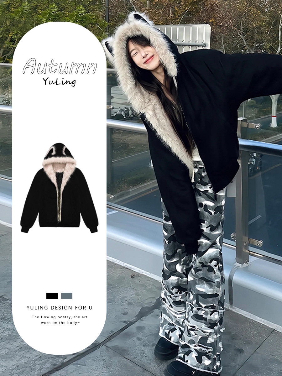 [Cross-Border Export Exclusive Supply, Millions of Ready-Made Goods] Autumn and Winter Thickeneded Furry Loose Hooded Cotton Jacket