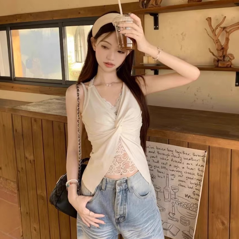 White Halter Neck Camisole for Women, Summer Top with Chest Pads, Lace, Sexy and Stylish Design, Outerwear Top 5518