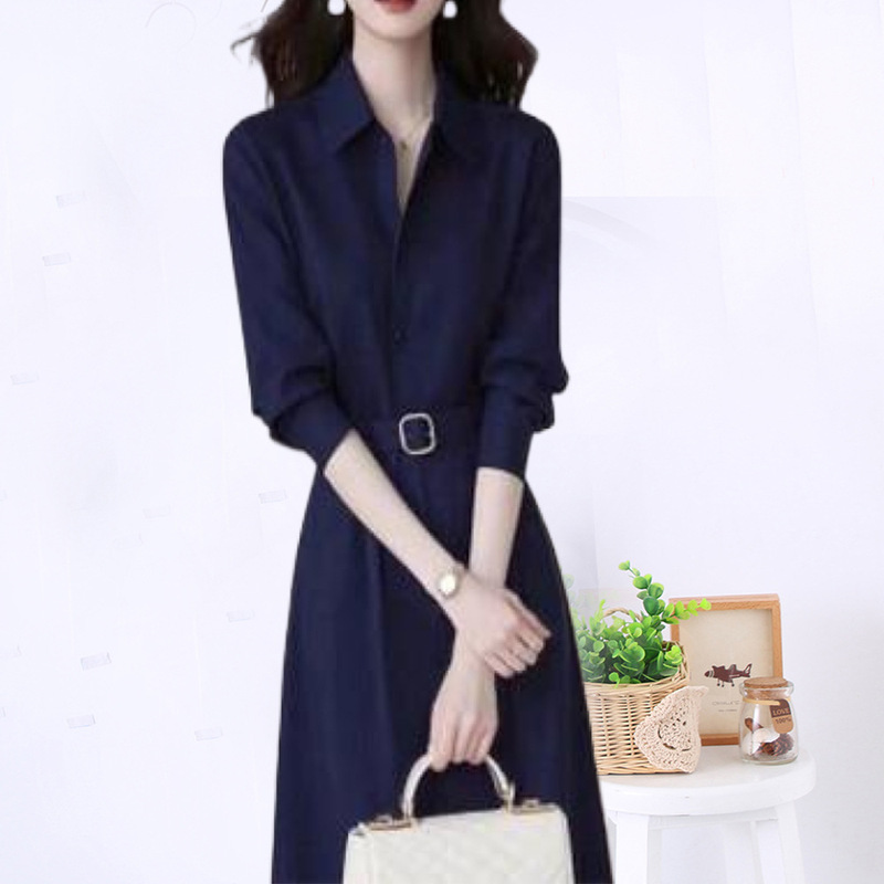 Spring and Autumn French Style Goddess Style High-End Formal Occasion Blue Long-Sleeved Shirt Dress