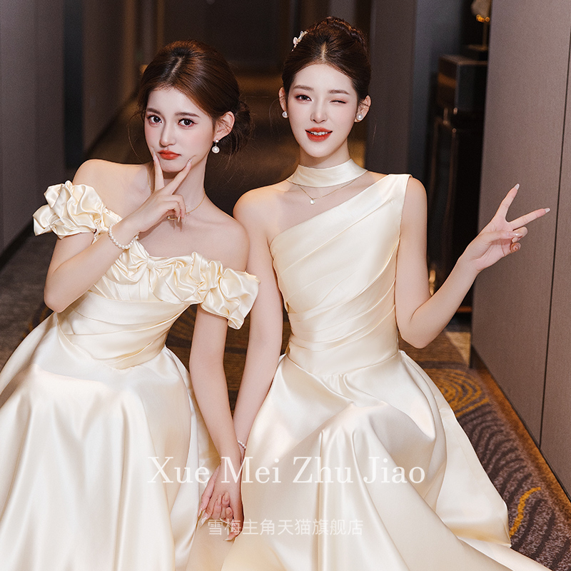 Bridesmaid Dress 2026 New Style Champagne Color Satin Host Performance Dress Sister Group Birthday Evening Dress That Can Be Worn Daily