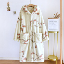 2023新款秋冬季连帽兔子法兰绒睡袍家居服一件代发