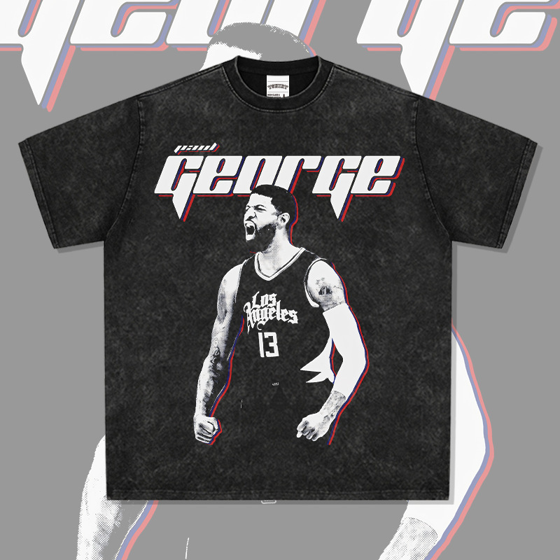 Cross-Border American Retro Paul George Paul George Printed Short-Sleeved T-Shirt Heavy Round Neck Hooded Sweatshirt