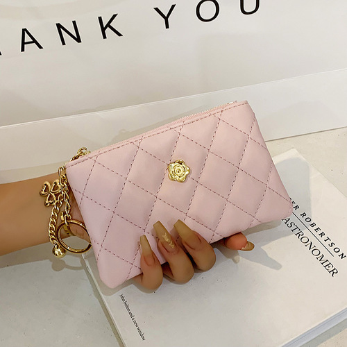 2024 Small Wallet Women's Short Thin New Driving Document Key Bag Card Holder Camellia Diamond Zipper Coin Bag
