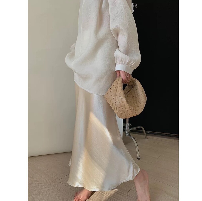 French-Style Acetate Satin Skirt for Women, 2026 New Summer High-Waisted A-Line Mid-Length Skirt for Petite Figures