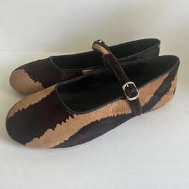 夏季新品真皮虎纹小牛毛玛丽珍平底鞋