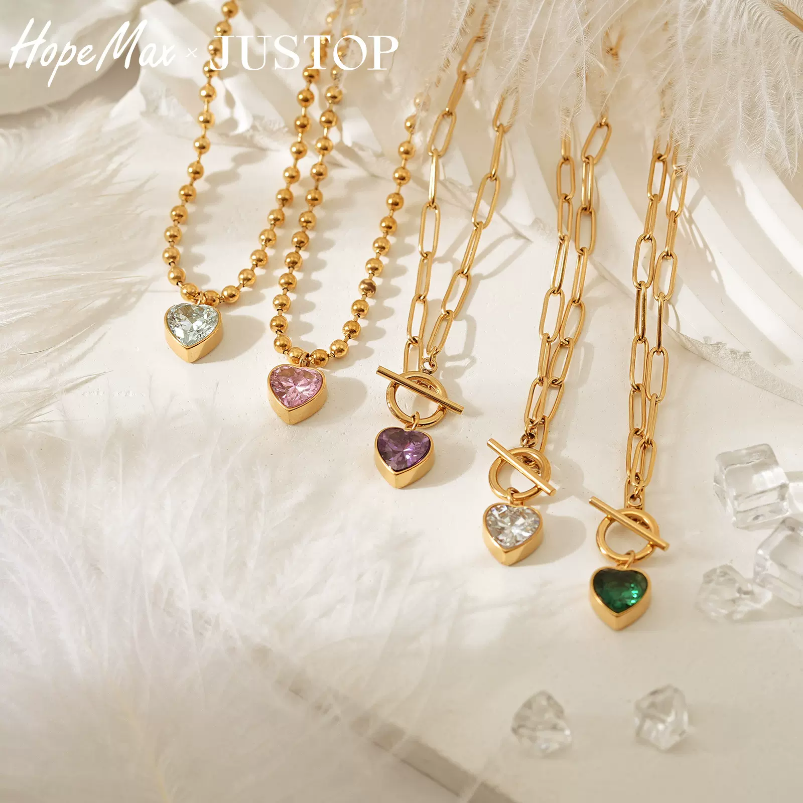 JUSTOP 跨境复古心形吊坠项链18K电镀镶嵌锆石贴钻镶钻项饰饰品