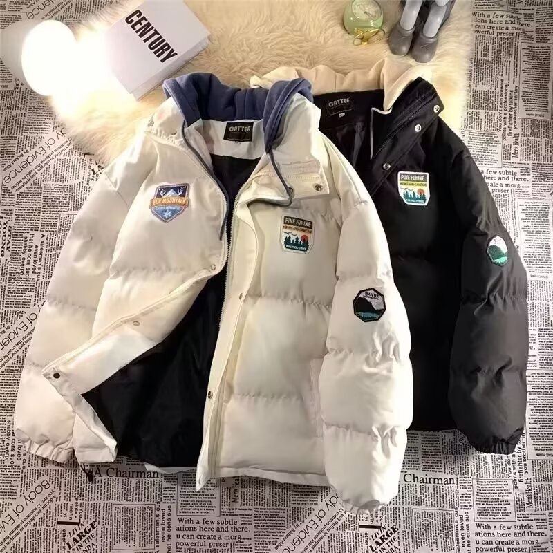 Fake Two-Piece Cotton Coat for Men, Winter Thickened Hooded down Jacket, Loose Trendy Couple's Cotton-Padded Jacket, Puffer Jacket