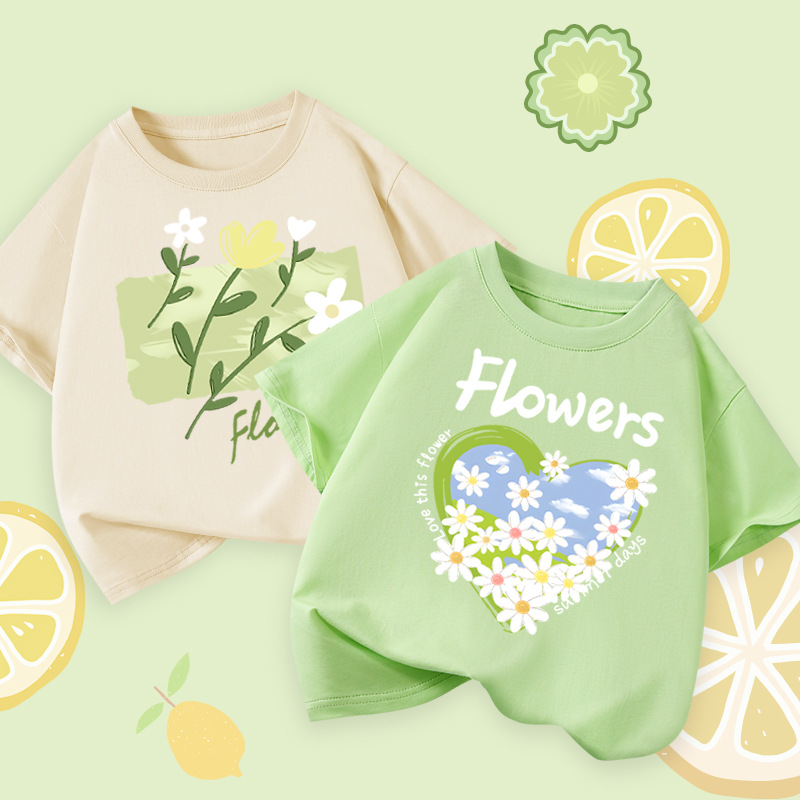 女童纯棉T恤夏季款中大童女孩花朵印花儿童休闲短袖上衣潮款童装