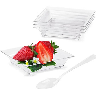 1oz Mini Dessert Plate and Tasting Spoon Transparent Plastic Square Banquet Mini Plate 50 Sets of White Boxes