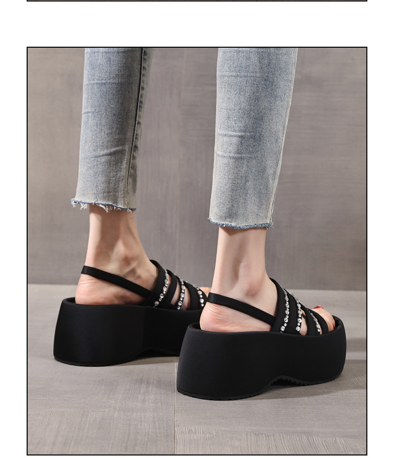 Sandal cao gót nữ hở mũi đính đá pha lê đế bánh xốp độn dày mùa hè 2025 — Màu đen, Màu bạc chi tiết 13