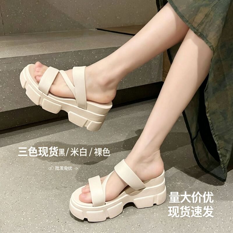 Women's high-heeled slippers for summer 2026, new thick-soled platform sandals for outdoor wear, non-slip, versatile, height-increasing, simple design Women's high-heeled slippers for summer 2026, new thick-soled platform sandals for outdoor wear, non-slip, versatile, height-increasing, simple design