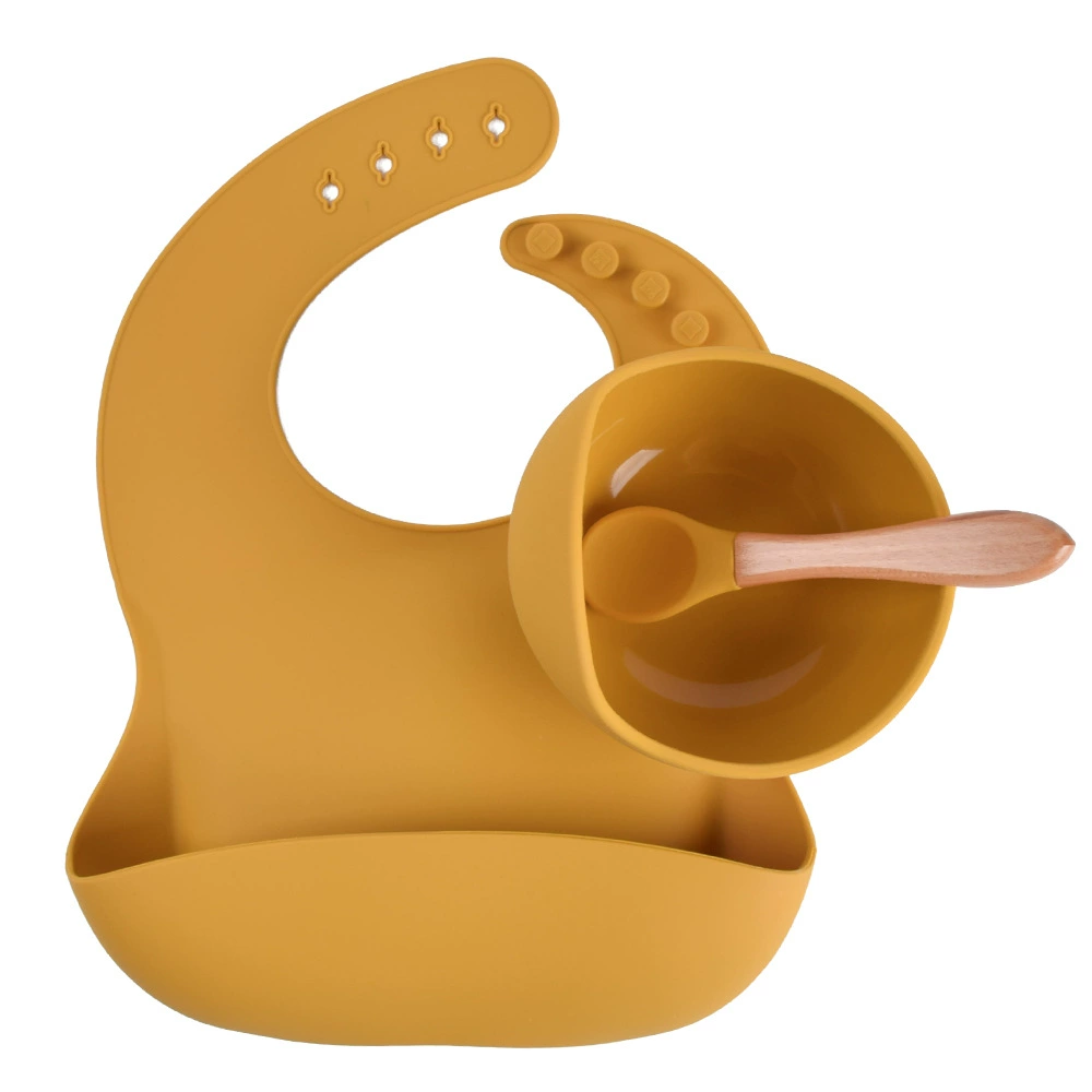 Silicone children's tableware set — bib, bowl and spoon with suction base, multi-color