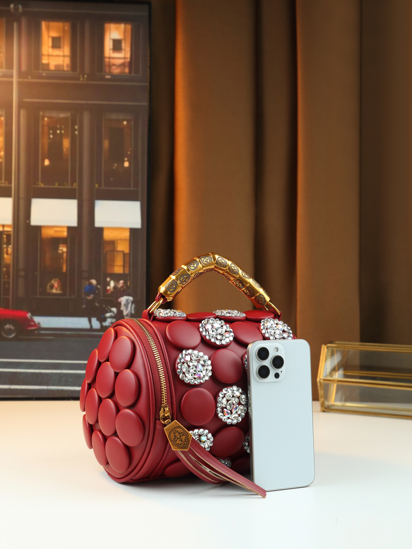 Damen Handtasche Im Retro Stil Mit Punkten Und Strassbesatz_voghion.com