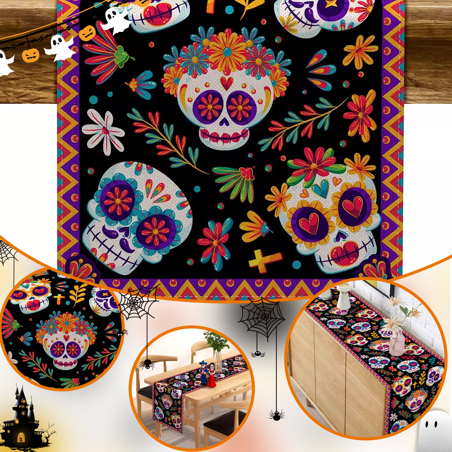 110g Weight Tablecloths Home Textiles & Decor Type tablecloth Event & Party Supplies 1 Piece, 1 Set Quantity Casual, Party Occasion Linen Material Halloween, Day of the Dead Festival Skull Pattern Funny Style Halloween Day Of The Dead Funny Skull Linen Casual Party Tablecloth Party Supplies Tableware 1 Piece 1 Set 30