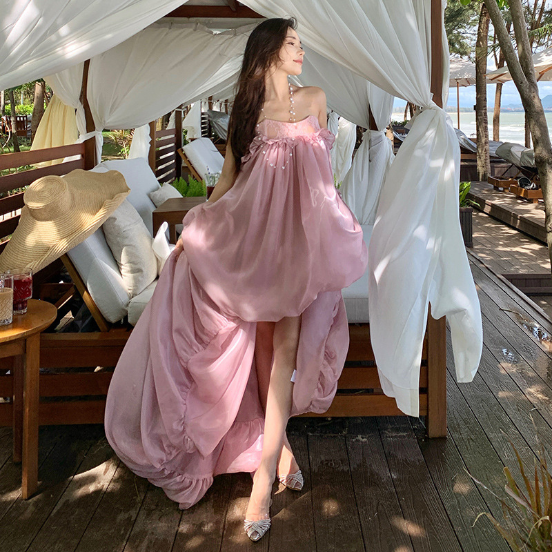 French Romantic One-Line Collar Fairy Pink Tail Dress Island Vacation Photo Shoot Beautiful Travel Photo Beach Long Dress