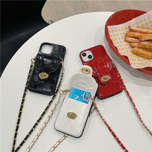 時尚插卡錢包iphone14手機殼斜挎鏈條蘋果13蠟油紋皮質8plus適用
