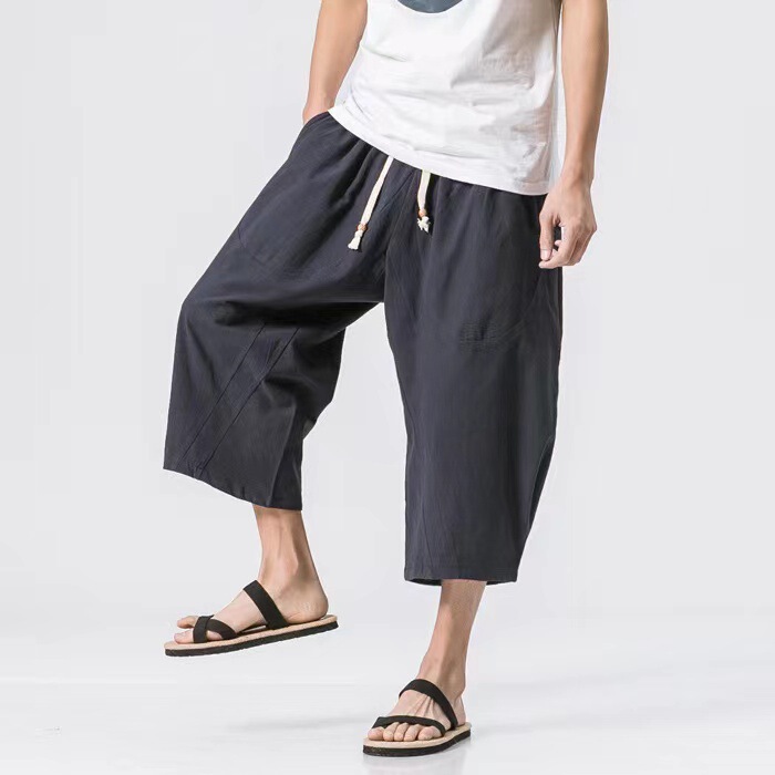 Linen Capri Pants Men's Summer New Men's Loose Solid Color Sports Casual Pants Large Size Chinese Style Cotton and Linen Pants