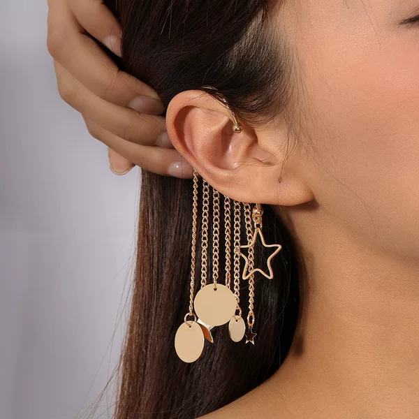 New European and American cross-border hot-selling personalized trendy pentagram earrings with stylish design, tassel stars, and round pendant ear cuffs