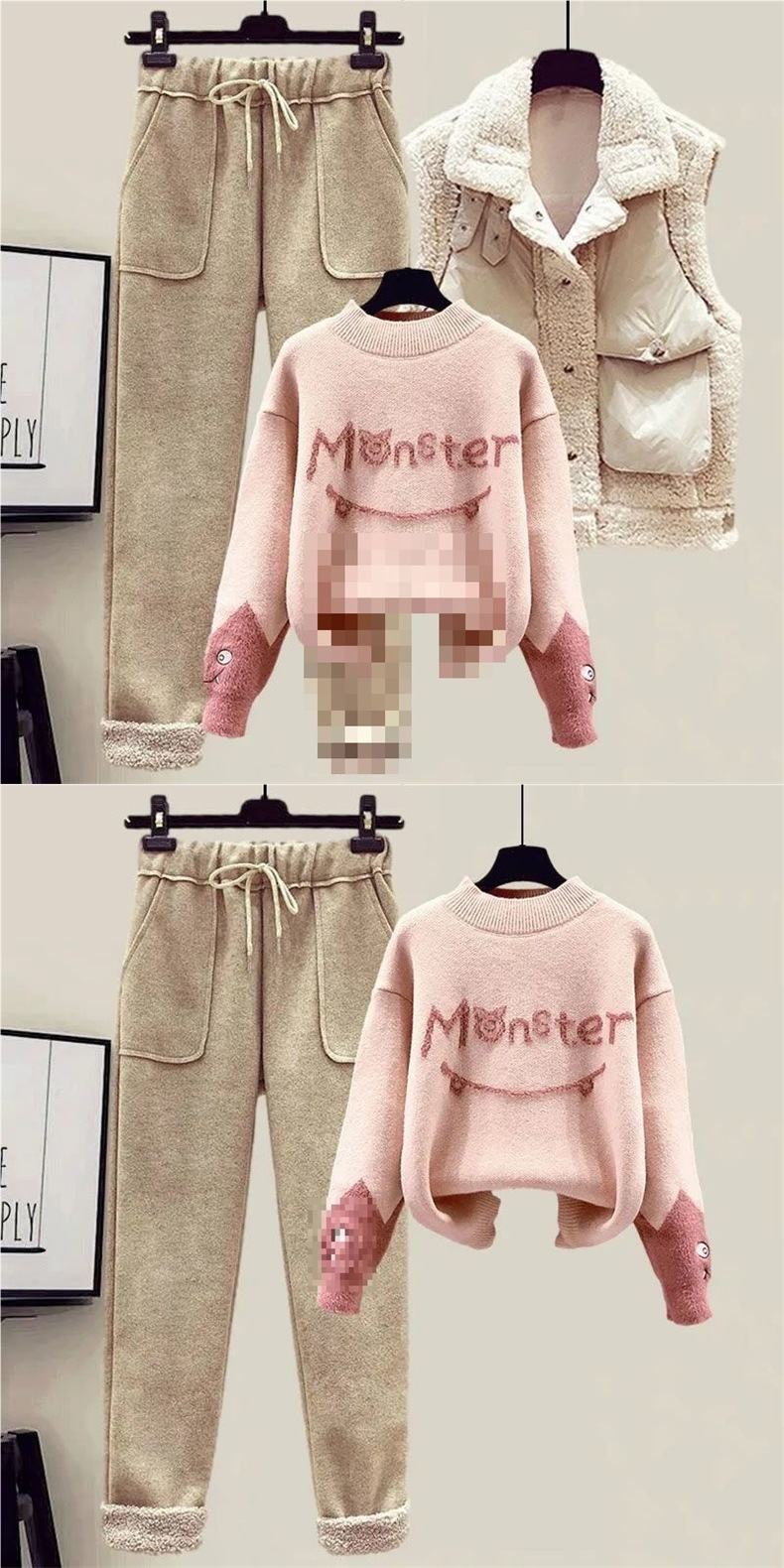 ChicShe Plus Size Damen Herbst/Winter Anzug, dreiteiliges Set aus neuer Lammwolle, bestehend aus Weste, figurformendem Strickpullover und Freizeithose_voghion.com