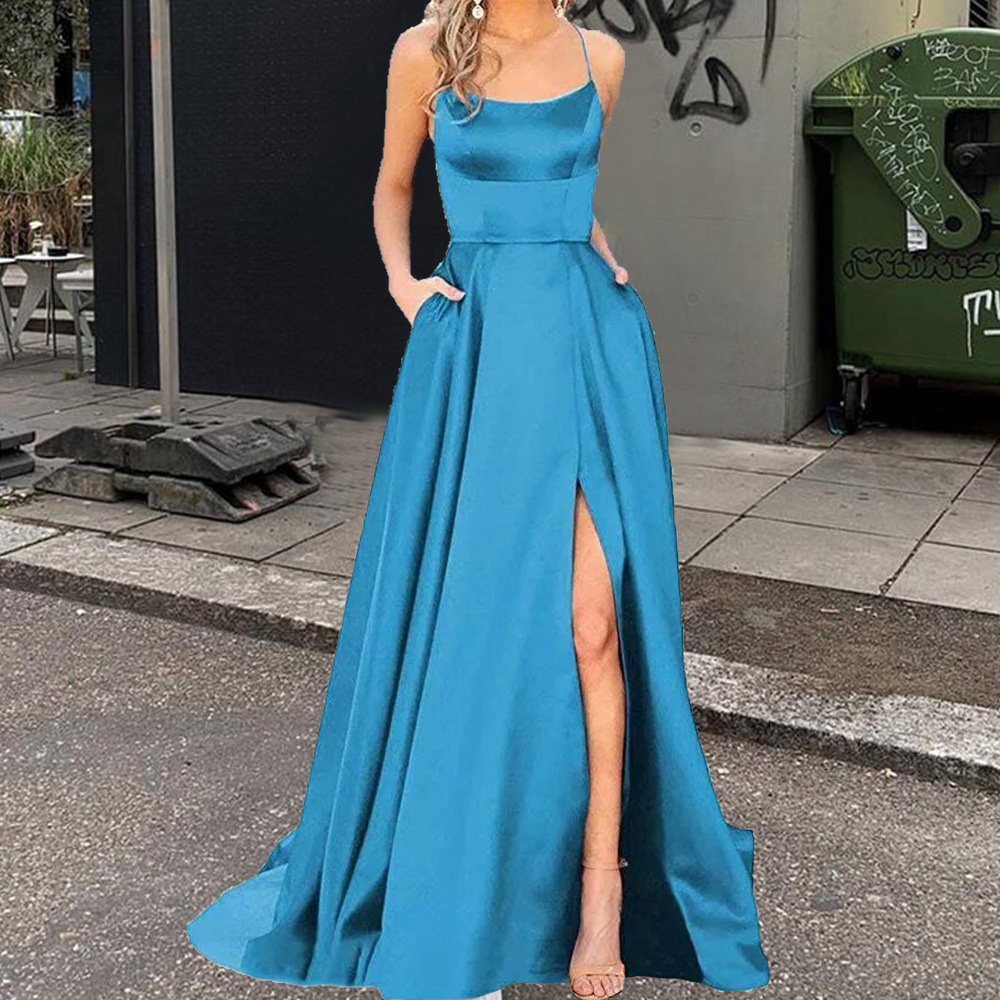 2025 color sólido vestido de dama de honor europeo y americano falda larga delgada sin tirantes novia vestido de noche de grupo de dama de honor de moda de Amazon