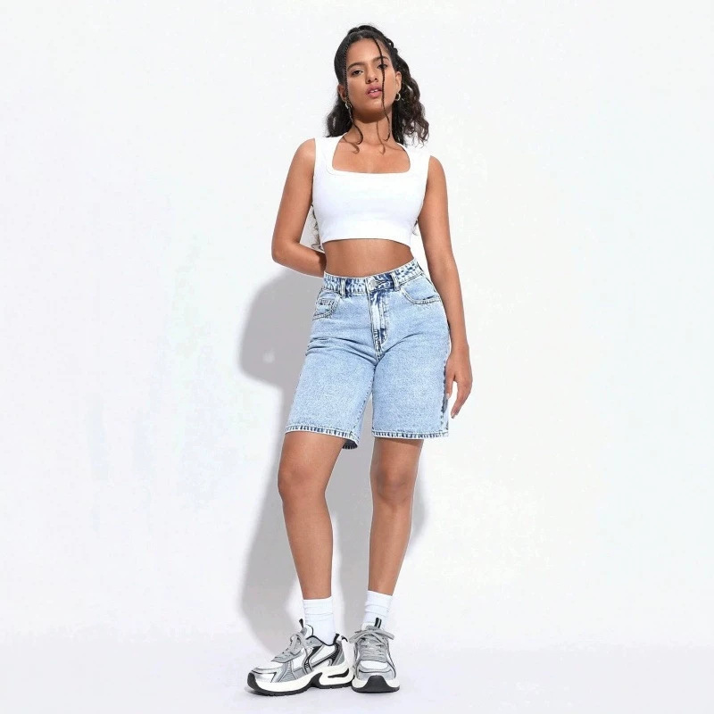 European and American high-waisted washed denim shorts for women, summer trendy brand loose straight mid-length pants, versatile solid color denim mid-length pants