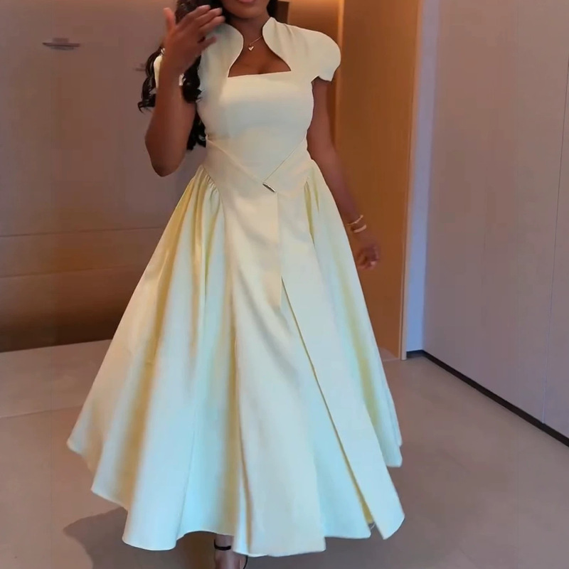 26 Summer New Style Irregular Collar Dress, Slimming Waist, Flared Skirt, Solid Color, Plus Size Women's Elegant Dress
