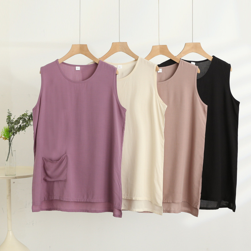 Women's cotton silk vest, new summer style, with wide shoulder straps and pockets, can be worn outside, suitable for middle-aged and elderly women, made of rayon, mom's top Women's cotton silk vest, new summer style, with wide shoulder straps and pockets, can be worn outside, suitable for middle-aged and elderly women, made of rayon, mom's top