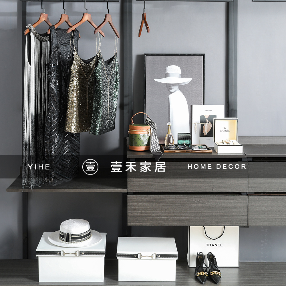 Sala de modelo verde sala de vestuario vestuario moderno simple mesa de maquillaje combinación de decoración caja de almacenamiento de vestido de cena