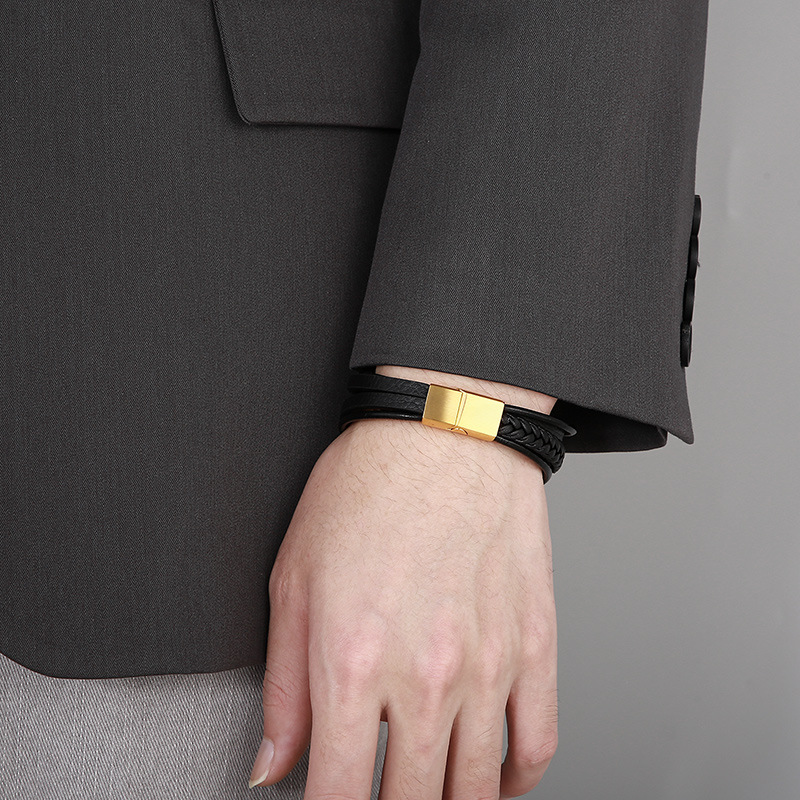 1 Piece Fashion Feather Stainless Steel Leather Patchwork Menu0027S Bangle