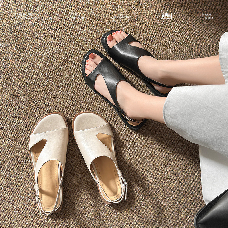 Dép sandal nữ quai ngang da bò hở mũi đế bằng kiểu La Mã — đen chi tiết 1