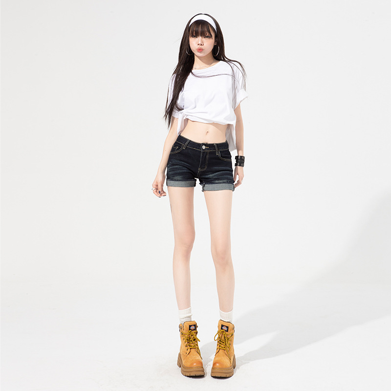 American Retro Rolled-Up Denim Shorts for Women, Summer Low-Waist Elastic Cuffed Slimming A-Line Hip-Hugging Hot Pants Versatile