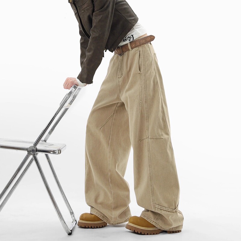 American-Style Khaki Deconstructed Jeans for Men and Women, Autumn Trendy Retro High Street Cargo Pants, Loose Casual Wide-Leg Trousers