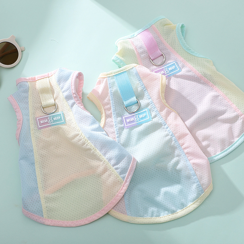 Nueva ropa de verano: chaleco transpirable y fino de seda helada para mascotas, ropa para perros de dos patas color macaron._voghion.com