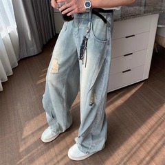 破洞牛仔裤男直筒宽松弯刀阔腿美式高街裤子潮牌痞帅拼接设计长裤