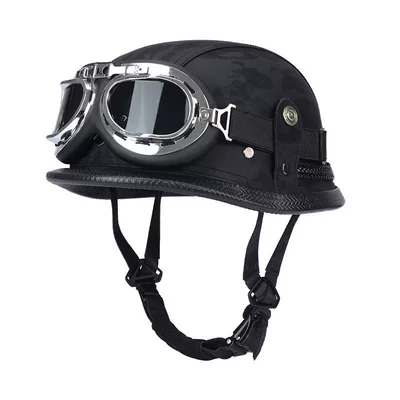 Motosiklet kaskı (dəbilqə) Steel Helmet Soldier Helmet - black-camouflage-with-silver-frame-harley-mirror-m