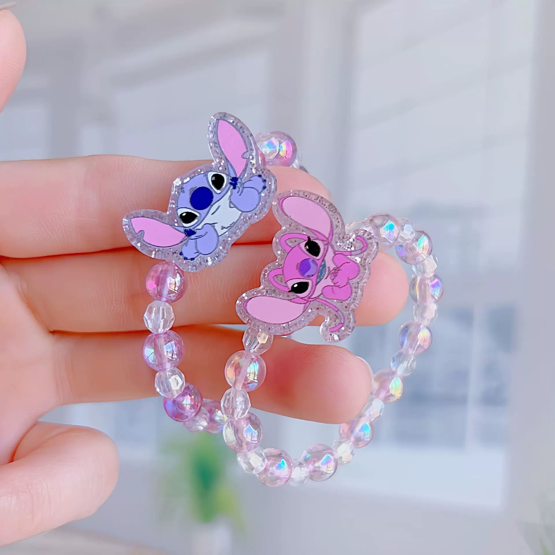 金葱粉可爱粉紫色史迪仔卡通串珠手链小女孩手串服装搭配手环配饰