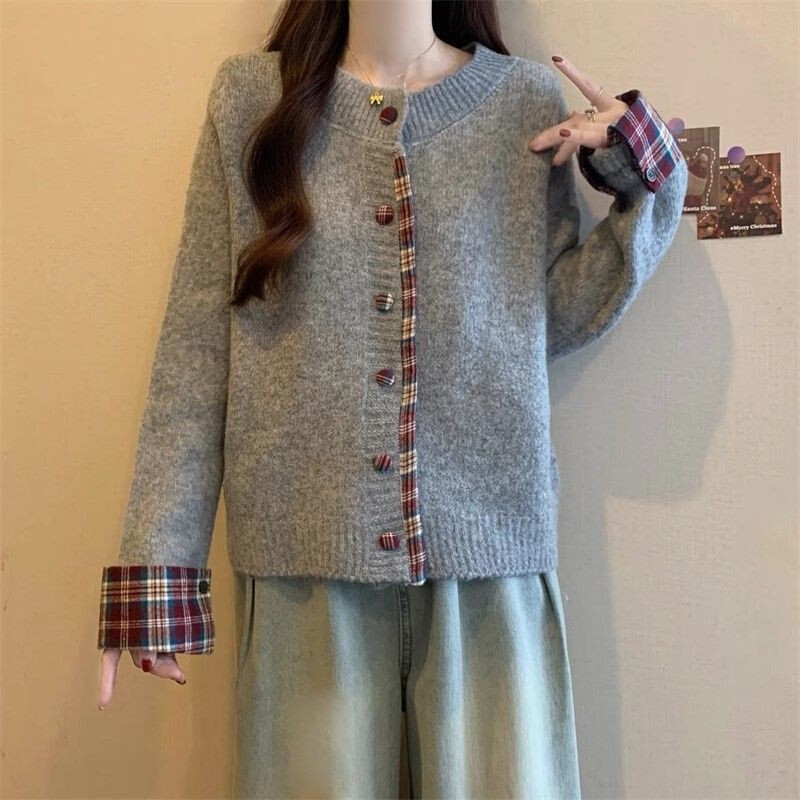 韩系简约慵懒风圆领针织毛衣女2025秋冬新款宽松显瘦长袖开衫上衣|undefined