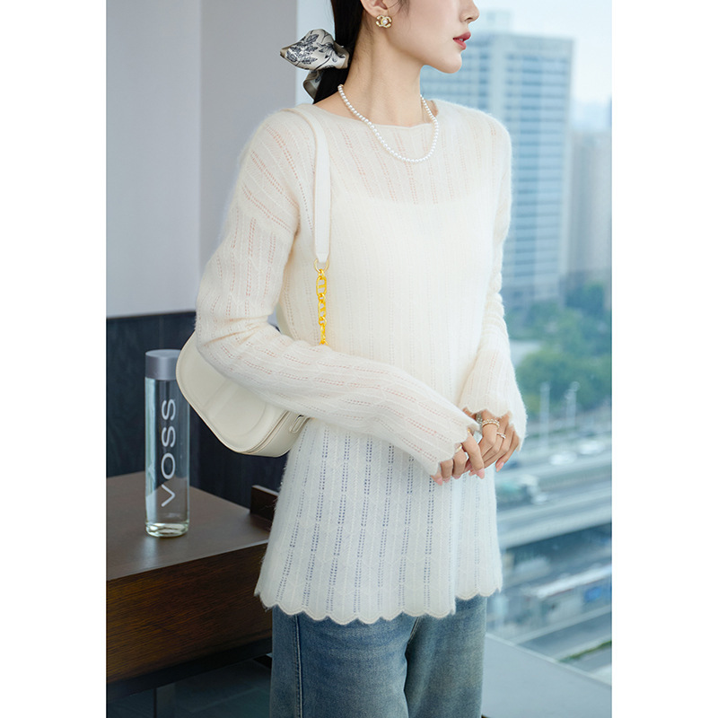 Autumn and Winter 2024 New Cashmere Crewneck Sweater Lace Hollow Loose Turtleneck All-match Cashmere Sweater Sweater